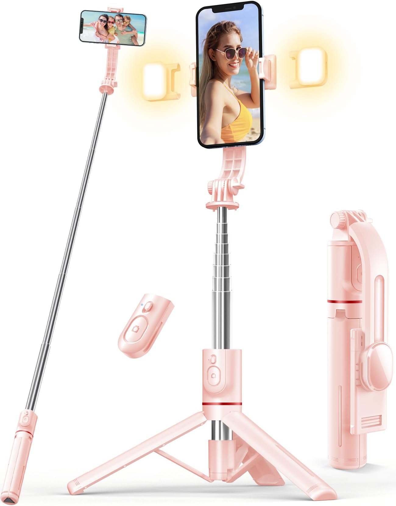 Selfie Stick with Light, 45'' Selfie Stick Tripod with Wireless Remote, Portable Travel Phone Tripod Compatible with,Android Smartphone (White) (Pink - 45" Standard Height)