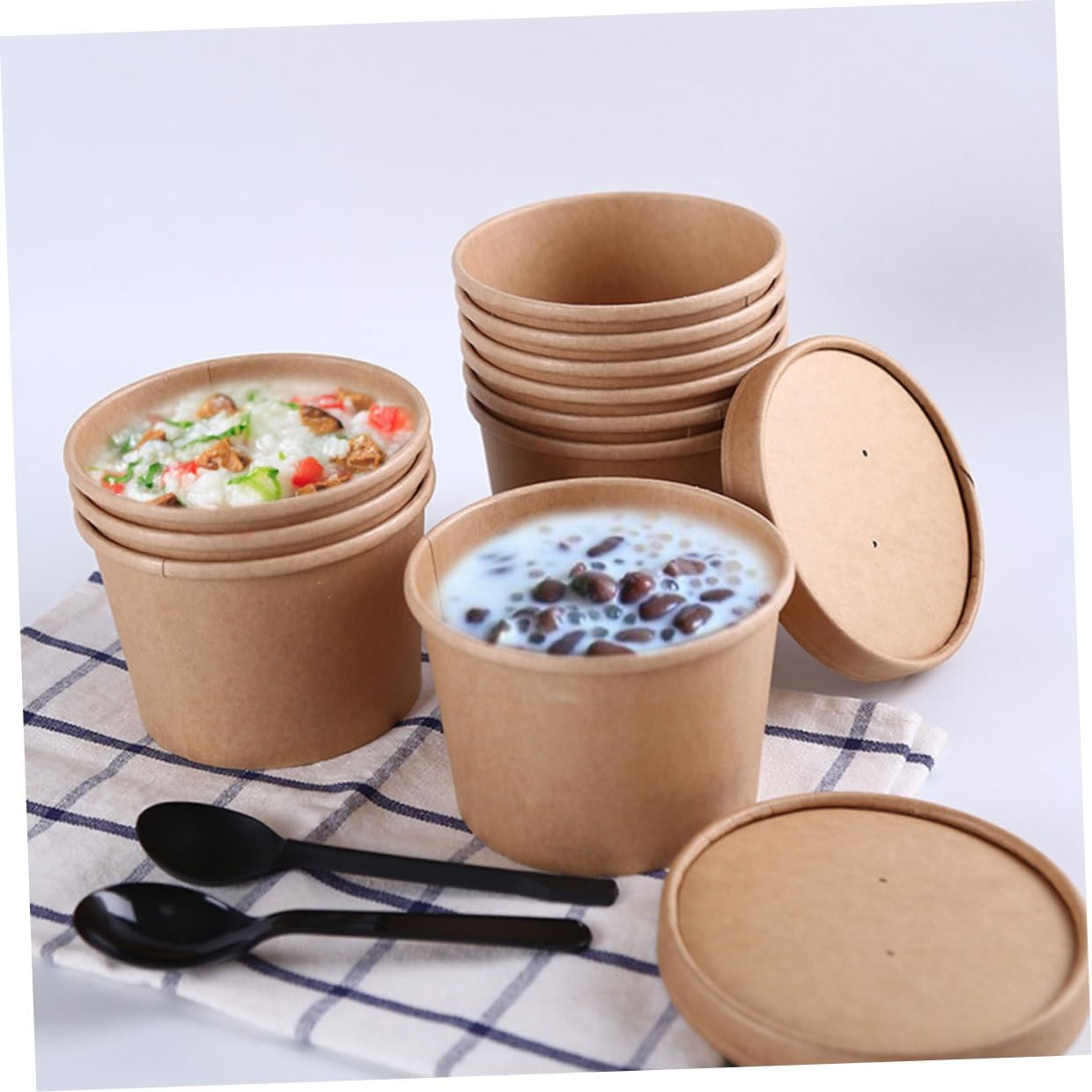 SUPVOX Thickened Kraft Paper Bowls with Lids 8 Oz Disposable Ice Cream Cups and Soup Containers for Takeout Pudding Packaging Dessert Bowls 50 Sets