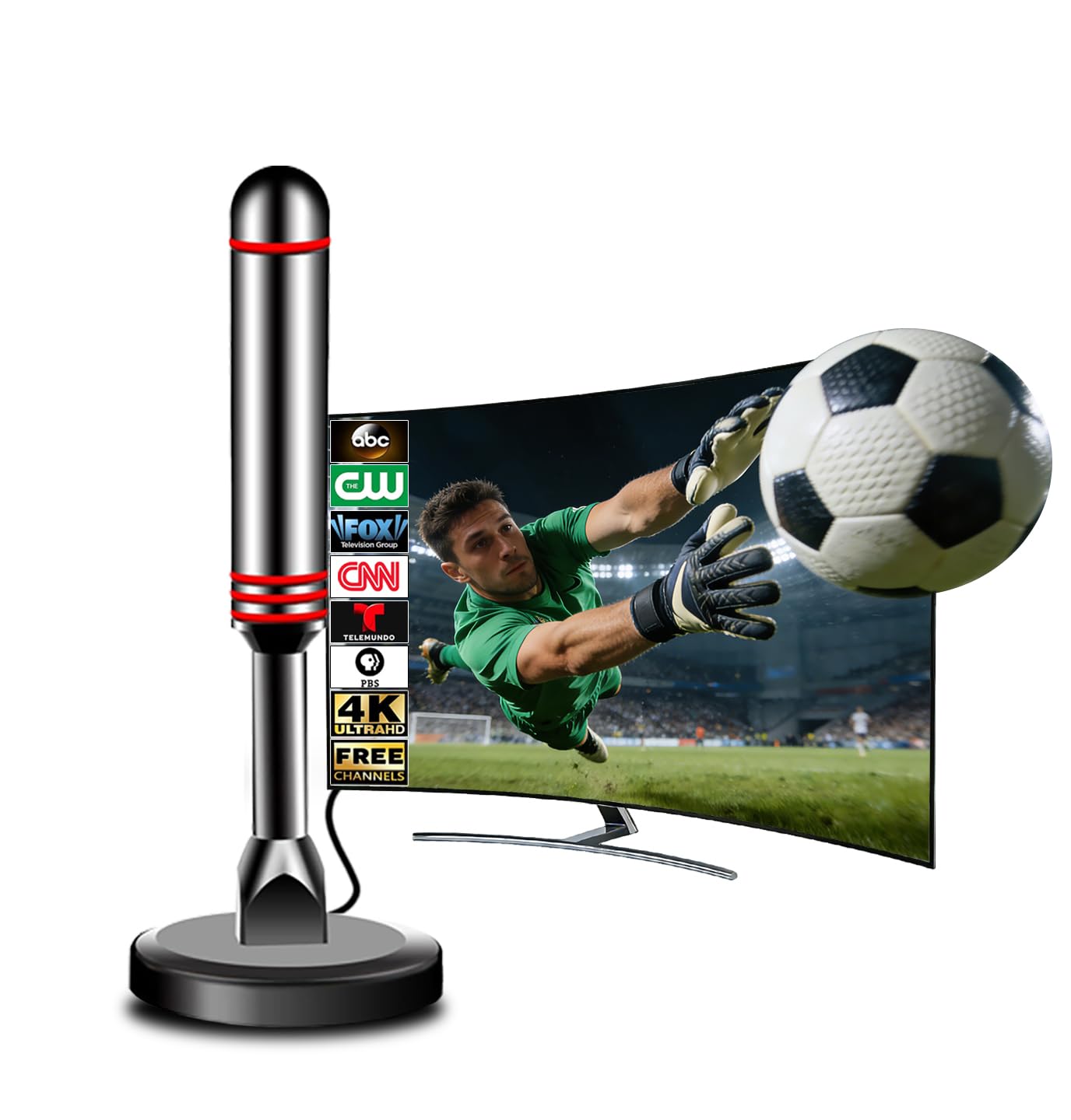 Antenna TV per Smart TV da interni, antenna digitale HDTV con base magnetica, amplificatore di segnale a lungo raggio a 360° 4K 1080p, antenna TV da interni per canali locali ricezione a lungo raggio