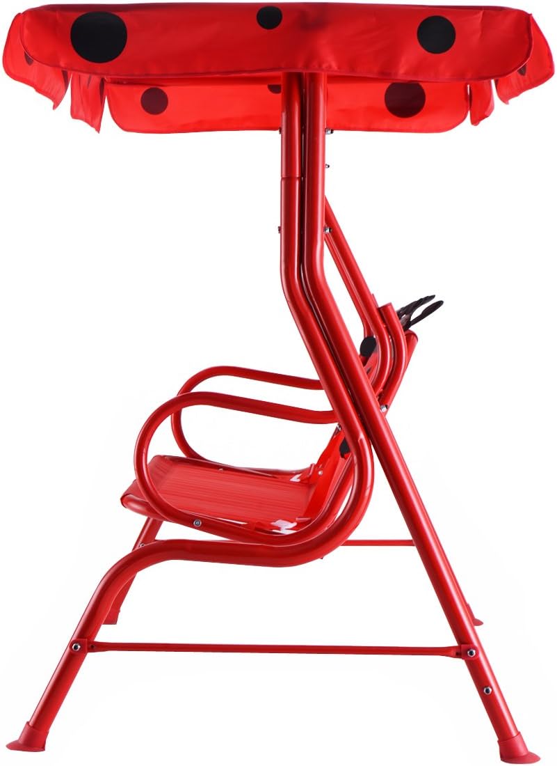 Happygrill Mini Patio Swing 2 Seats Porch Swing with Safety Belt Outdoor Lounge Chair Hammock with Canopy for Kids, Red