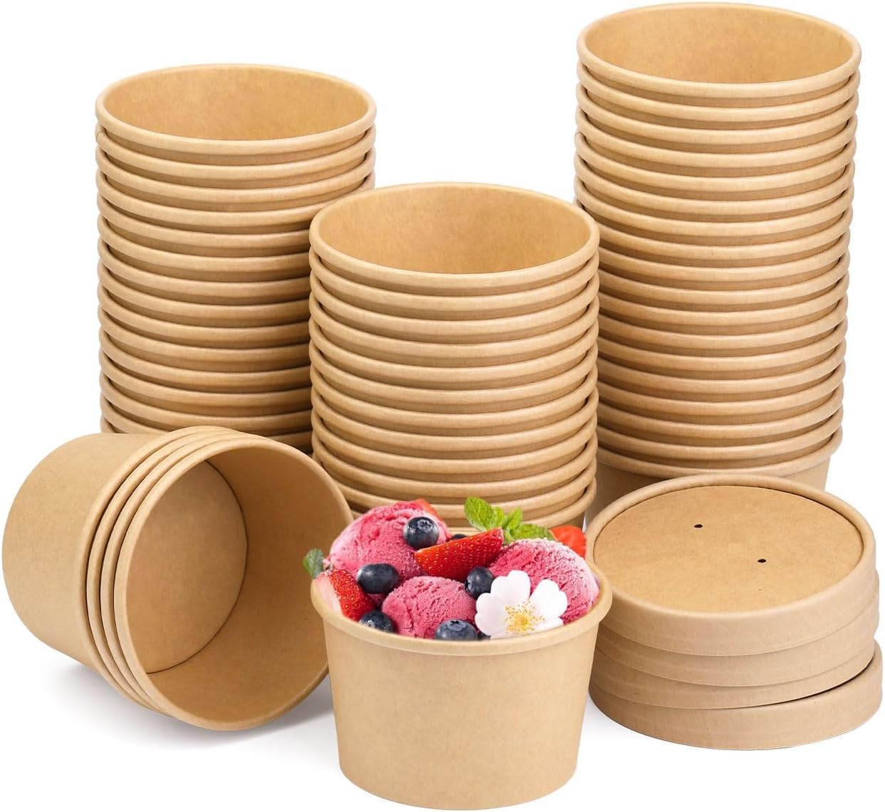 Wuadua Disposable 8 oz 50 Pack Paper Soup Containers with Lids - Takeout Soup Bowls for Noodles, Salad, Restaurant, Catering, Food Storage - Microwave Safe and Refrigeratory Save Bulk Supplies- Brown