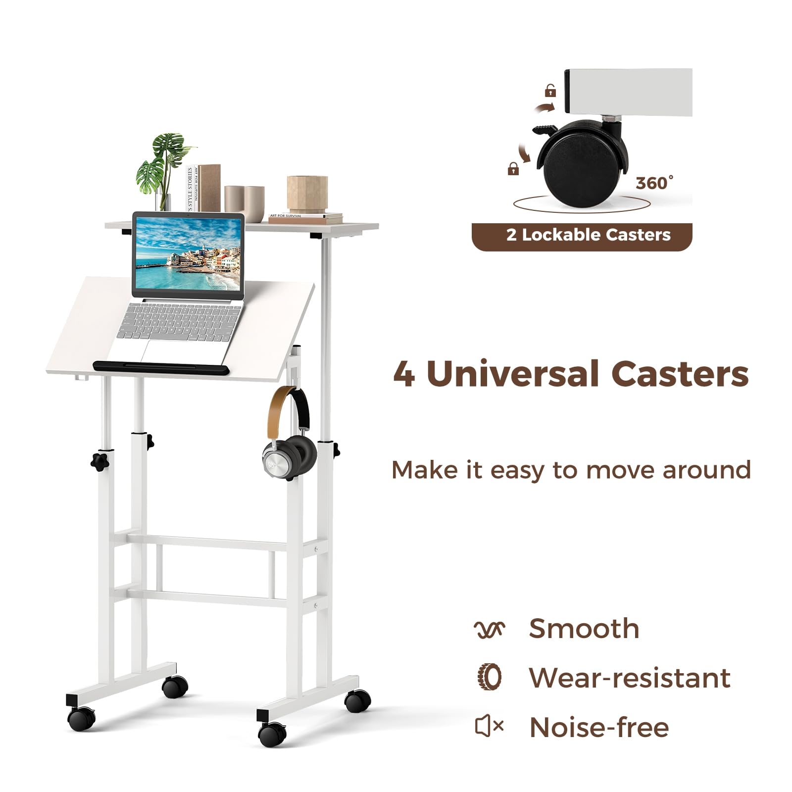 LIFEZEAL Escritorio de pie con Ruedas, Mesa móvil de Ordenador de Altura Ajustable, Estación de Trabajo de Pie con Bandeja para Oficina, Dormitorio y salón, 60 x 55 x (72-124) CM (Blanco)