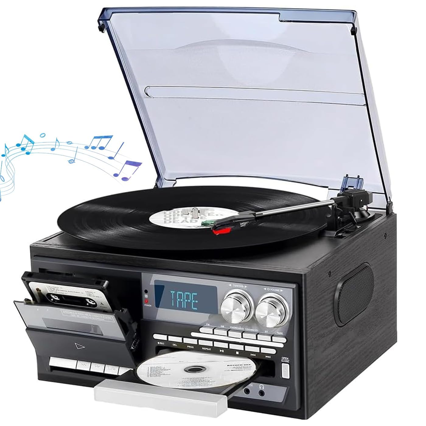Vintage odtwarzacz płyt winylowych z magnetofonem kasetowym, 3-biegowy gramofon Bluetooth, wbudowane głośniki, radio FM, USB i CD Boombox, centrum muzyczne, matowa osłona przeciwpyłowa o niskim