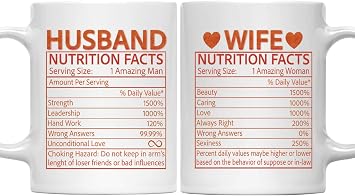 Husband and Wife Nutrition Facts Couple Mug - Couples Gift For Mr and Mrs Anniversary, 11oz Ceramic Coffee Mug