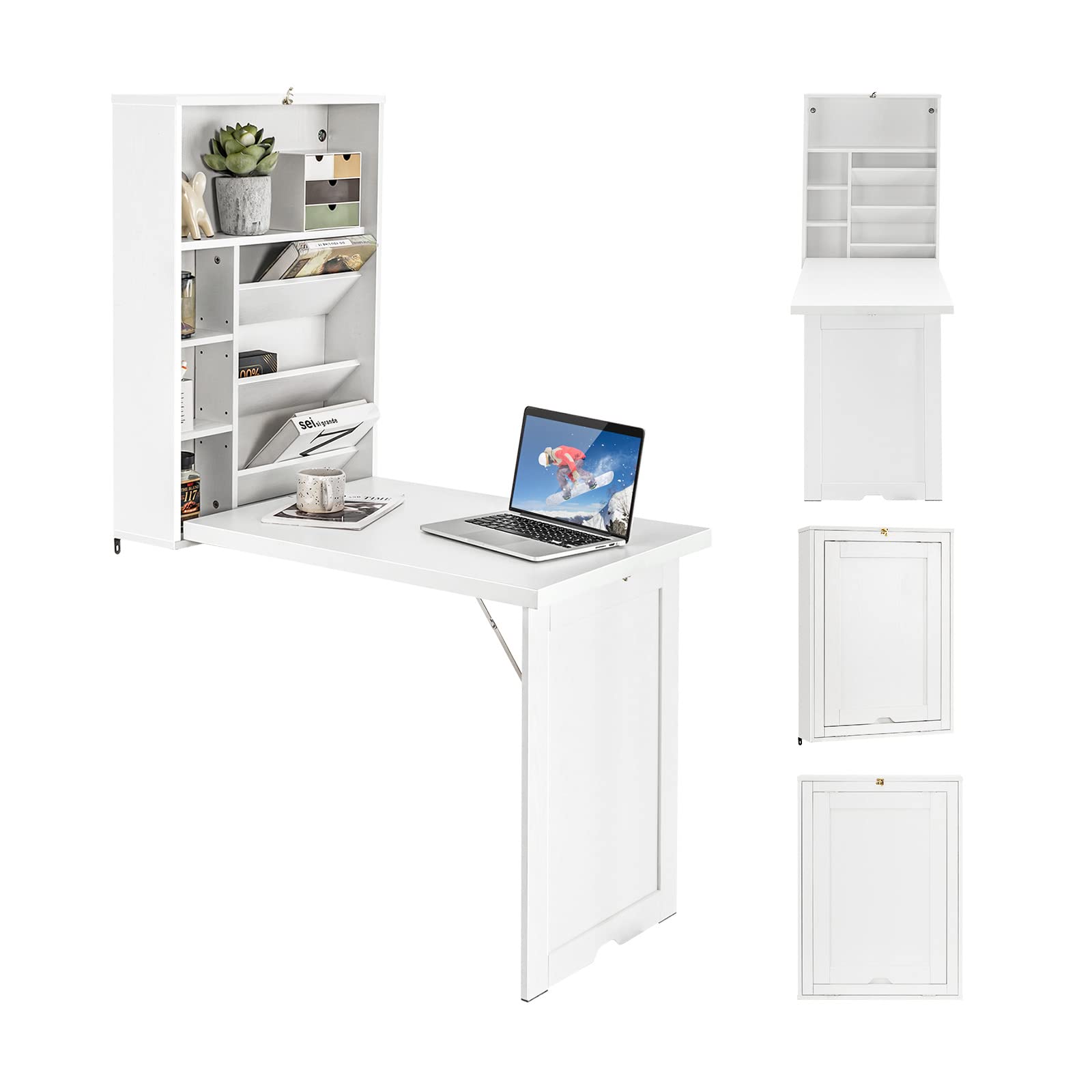 COSTWAY Escritorio Plegable de Pared, Estantes Ajustables, Mesa Plegable Pared para Ordenadores Portátiles Que Ahorra Espacio, Mesa Plegable de Comedor 60 x 94,5X 151cm