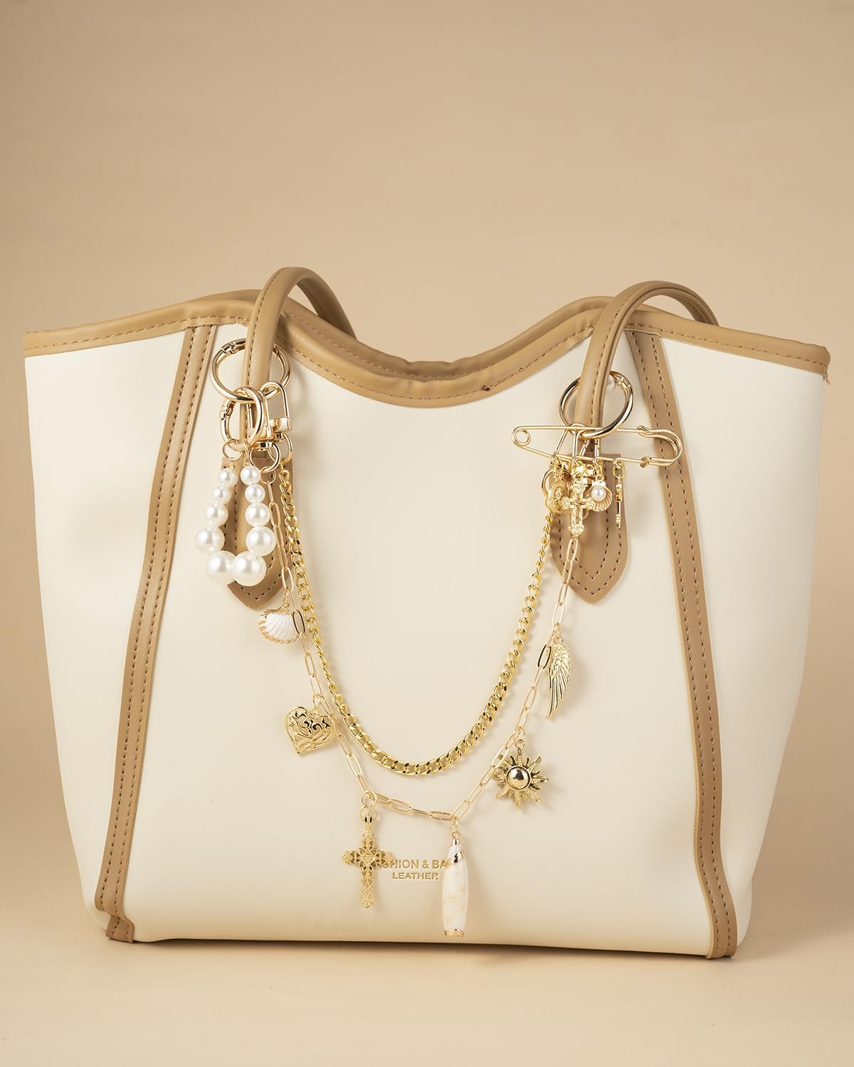 4-in-1 Bag Charms Set, Elegant Gold Purse Charms with Pearl Beads, Shell Pendant, and Safety Pin, Handbag Charm - Image 5