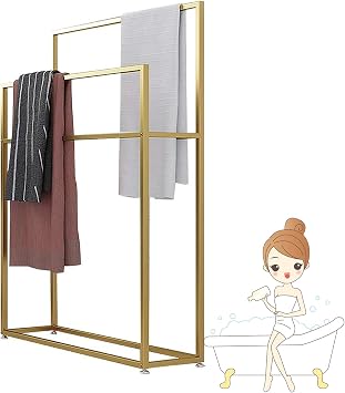 Floor Standing Towel Rack Gold, Metal Towel Shelf Stand, 2 Tier Bath Towel Holder Stand Floor, Tall Blanket Drying Rail or Large Bath & Hand Towel Outdoor Poolside Bathroom