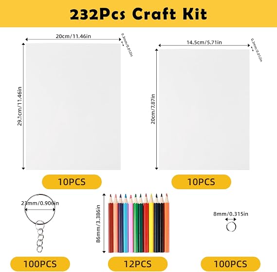 232Pcs Heat Shrink Sheet Set, 20Pcs Shrinky Art Paper, Creative Shrink Film | Shrinkable Hand Making Sheet with 100 key Chain 100 Open Ring 12 Coloured Pencil, Shrinkies for Pendant Craft