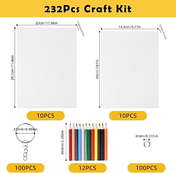 232Pcs Heat Shrink Sheet Set, 20Pcs Shrinky Art Paper, Creative Shrink Film | Shrinkable Hand Making Sheet with 100 key Chain 100 Open Ring 12 Coloured Pencil, Shrinkies for Pendant Craft