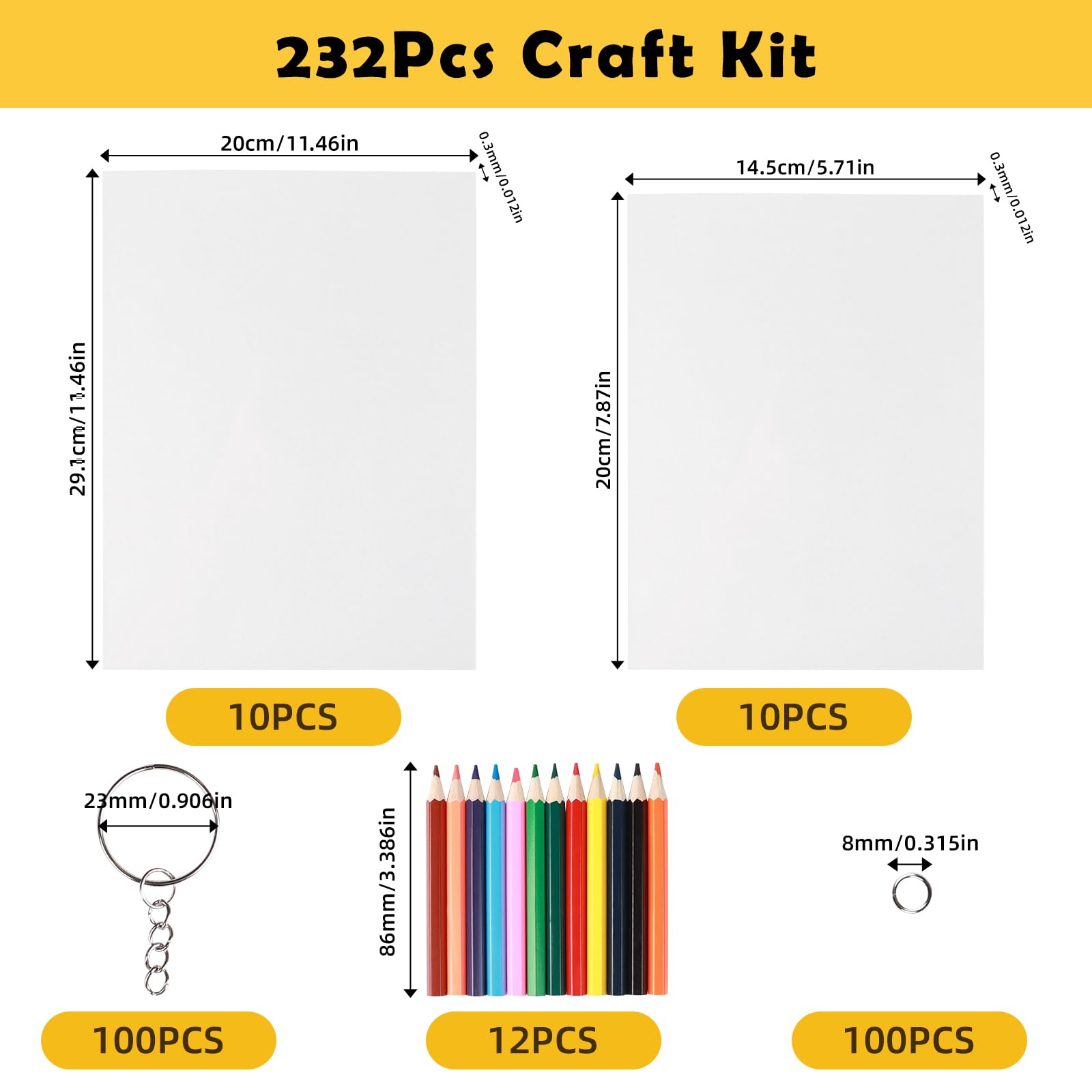 232Pcs Heat Shrink Plastic Sheet Set, 20Pcs Shrinky Art Paper, Creative Shrink Film, Shrinkable Hand Making Sheet with 100 Key Chain 100 Open Ring 12 Coloured Pencil, Shrinkies for Pendant Craft Kids - Image 2