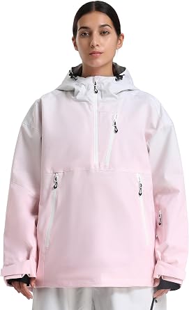 GSOU SNOW Womens Snowboard Jacket Baggy Ski Jackets Hooded Coat | 15K Waterproof 10K Breathable Snow Jacket Windproof Pullover Underarm Vent Zippe Powder Skirt Mountain Winter Outdoor Sports