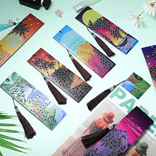 8 Pieces Scenery Theme Diamond Painting Bookmark Kits 5D Diamond Art Bookmarks With Tassel Pu Leather Mountain Sea Waterfall Landscape Style Diamond Bookmark Kit For Adults Kids Diy #TOP6