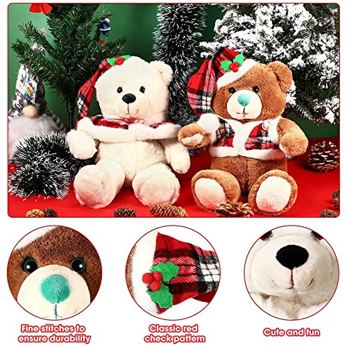Skylety Christmas Bear Plush Cute Stuffed Animals Soft Pp Cotton Plush Toy Wearing Red Check Vest Cloak Christmas Hat For Girlfriend Wife Girl Women, White, Brown (8.7 Inch) #TOP5
