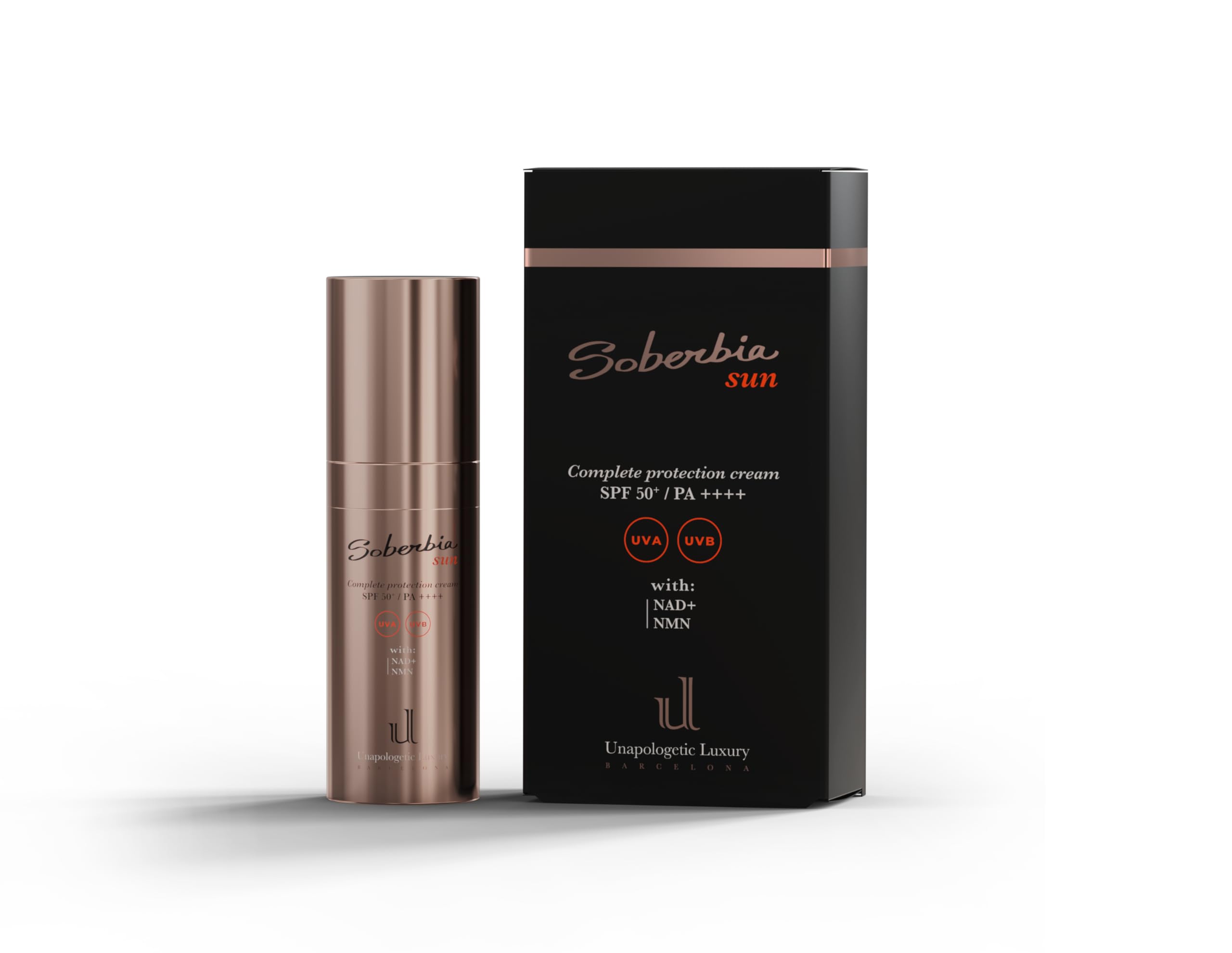 Soberbia Sun SPF 50+ Unapologetic Luxury – Crema Antiedad Global y Protector Solar Facial con NAD+ y NMN | Protección UVA/UVB, Luz Azul y Polución | Tecnología Airless, 30ml