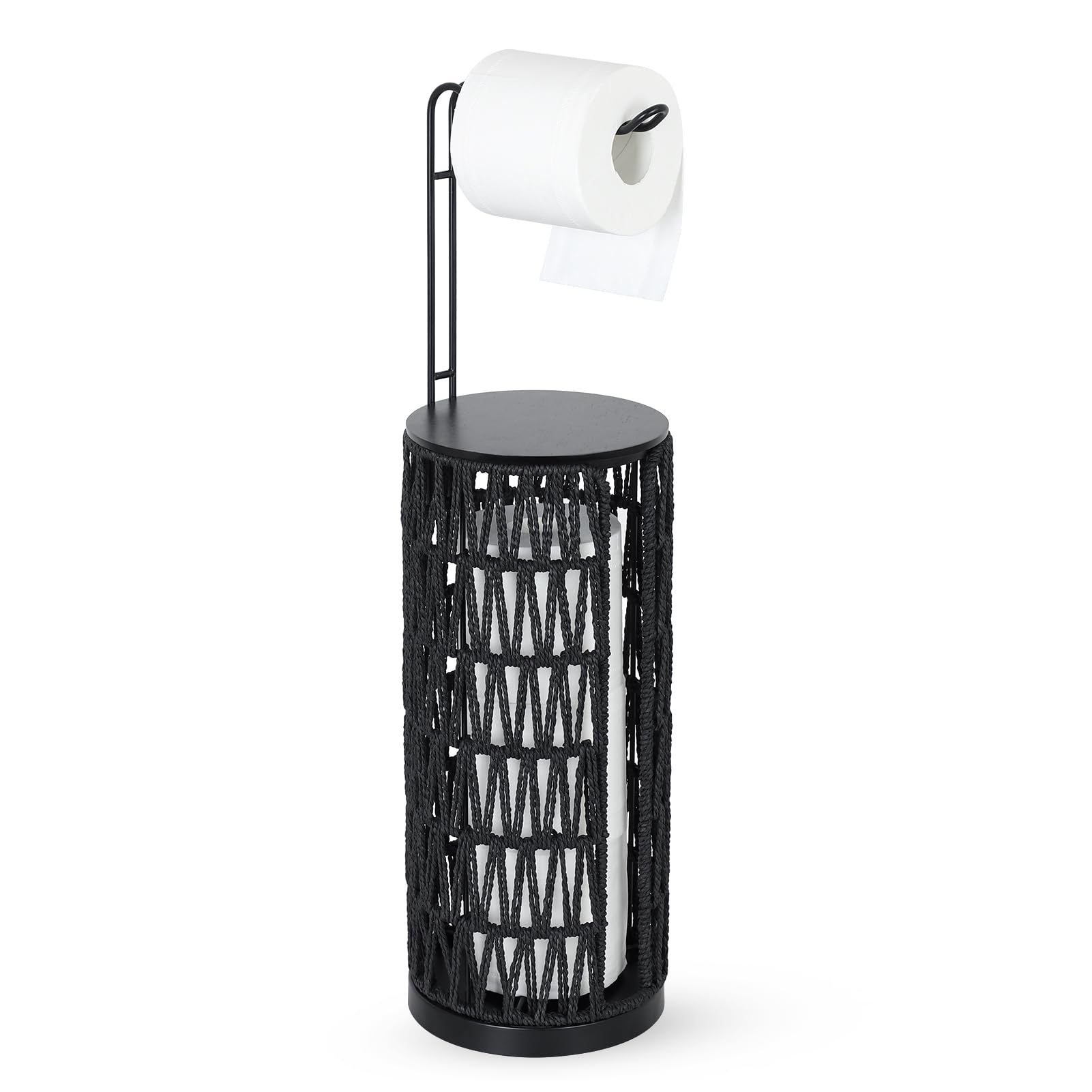 Rayofly Freistehender Toilettenpapierhalter Aufbewahrung mit Regal, Boho Rattan Klopapier Aufbewahrung, Badezimmer Toilettenpapierhalter Stehend, Schwarze Toilettenpapierständer für 4 Rollen Klopapier
