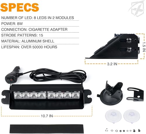 Miniatura 7 de Xprite - Barra de luz estroboscópica de emergencia azul para salpicadero, carcasa de aluminio con 19 patrones de flash y ventosas, función de