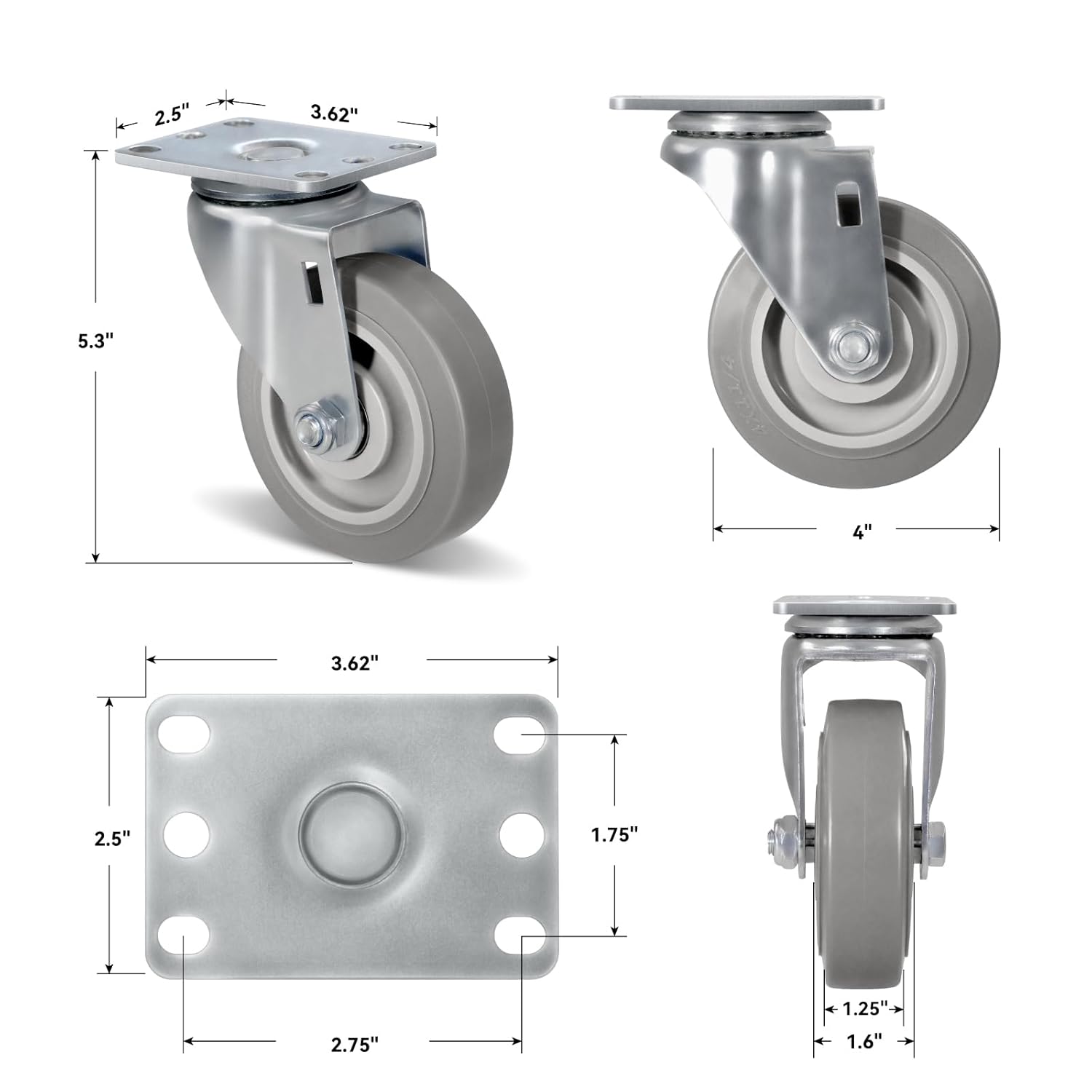 Caster Wheels, 4" Heavy Duty Industrial Casters Set of 4 with Load 1200lbs Capacity, Wheels for Cart Furniture(2 Swivel & 2 Rigid)