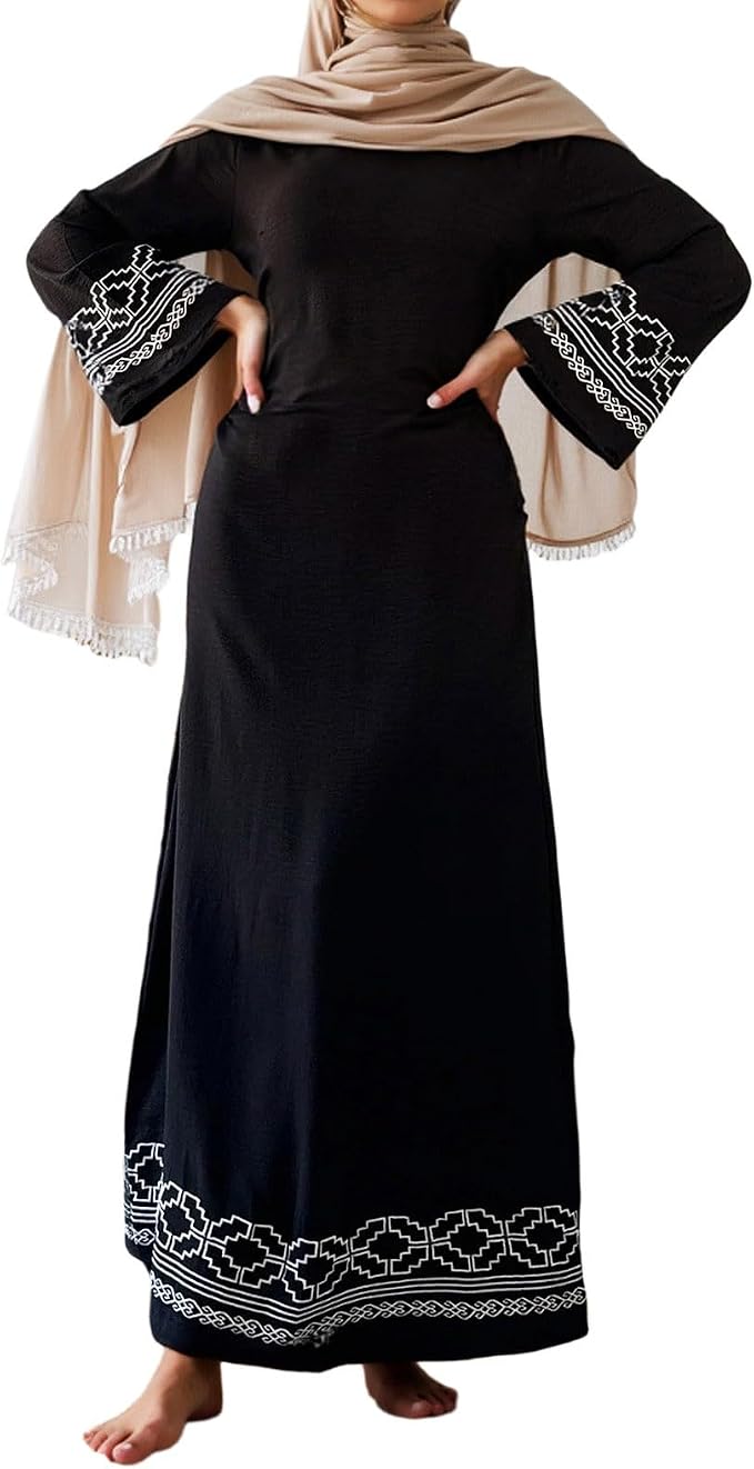 Elegant Muslim Dress with Flared Sleeves and Intricate Embroidery for Everyday Occasions – Long Gown without Color/Size Details