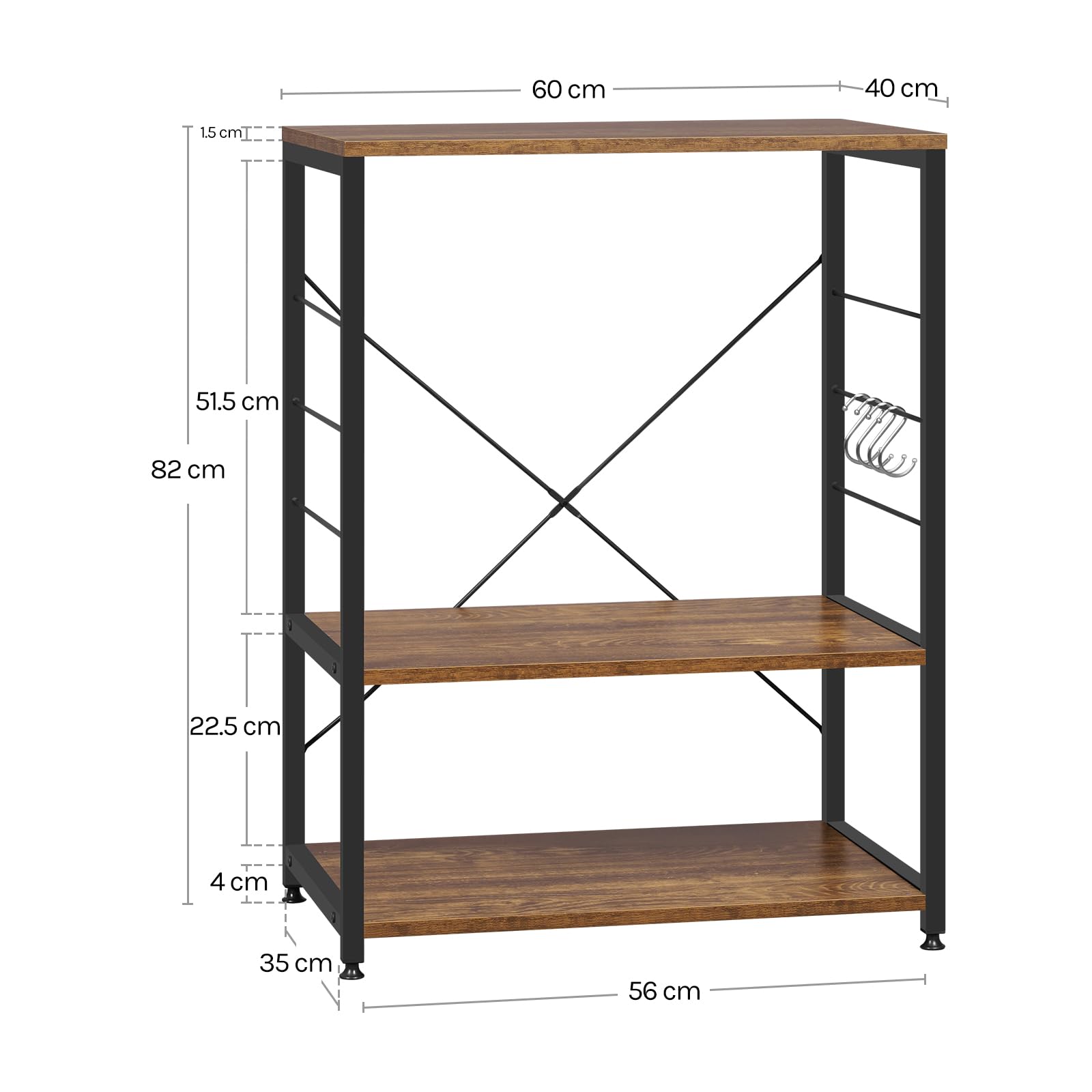 WOLTU Scaffale per Cucina Carrello per Microonde Forno a 3 Ripiani in Metallo e Legno Scaffalature Fioriera Multiuso, Effetto Legno Vintage