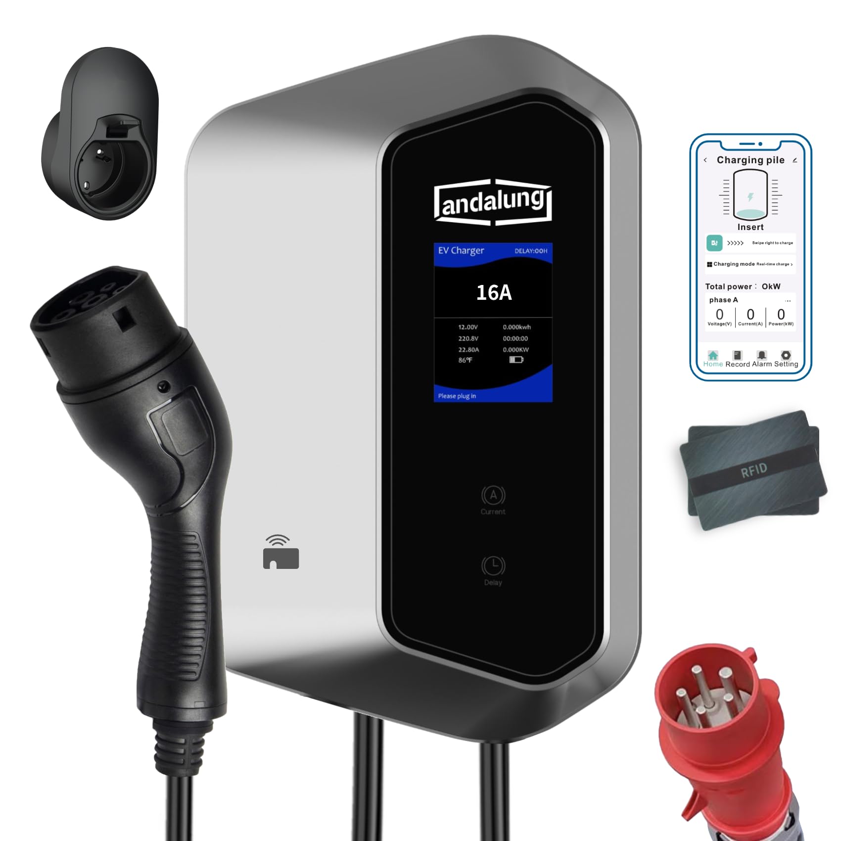 11 kW 380-440V trójfazowa ładowarka EV, typ 2, 6–16 A, kabel 10 m, WiFi i Bluetooth, IP65, odpowiednia do wszystkich pojazdów elektrycznych