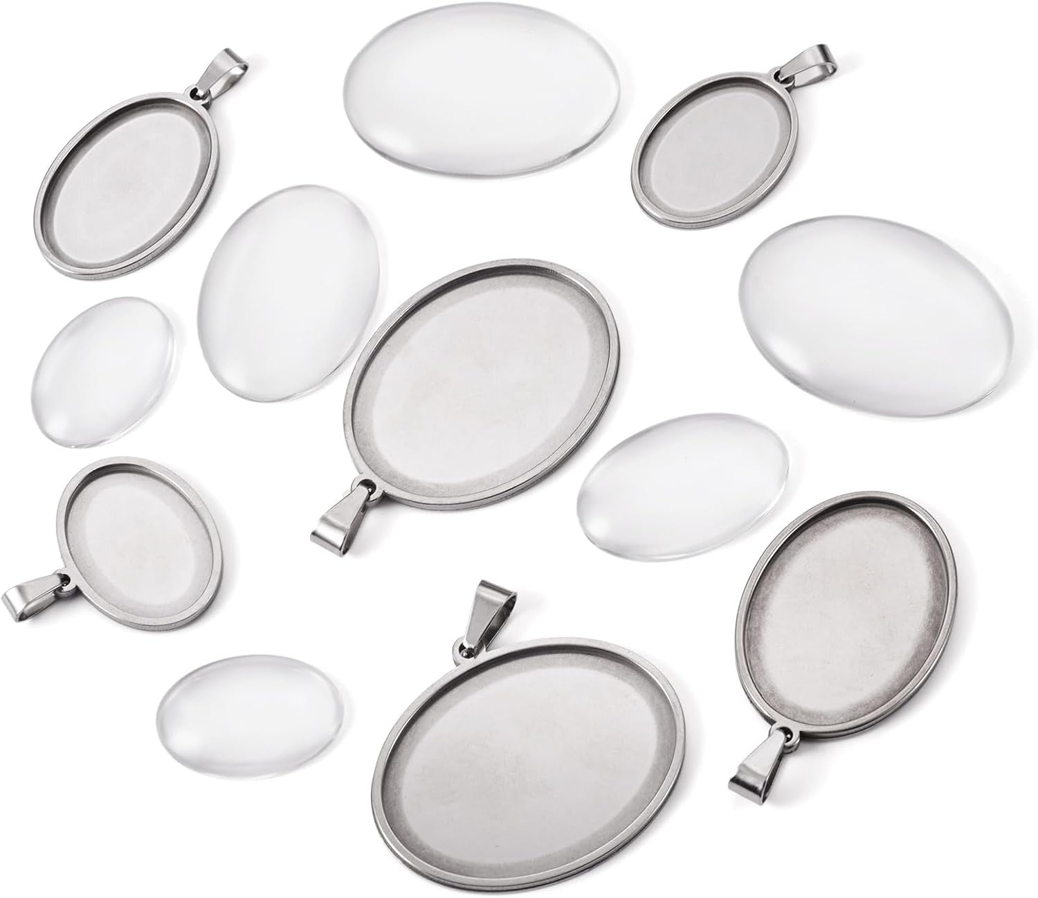 12 Pcs 304 Stainless Steel Pendants Cabochon Settings Vintage Oval Bezel Pendant Trays Blank Bases Pendant with Clear Glass Cabochons for DIY Crafts Photo Jewelry Making Necklace - Image 7