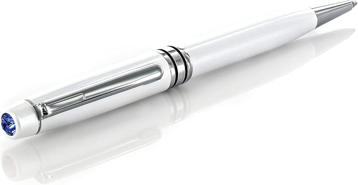Baron-Jewelry Luxurious glossy ballpoint pen enriched with 6mm crystal at the tip. Top-grade metal plating with a sturdy clip. Measures 5 ¼” long. (White with blue crystal.)