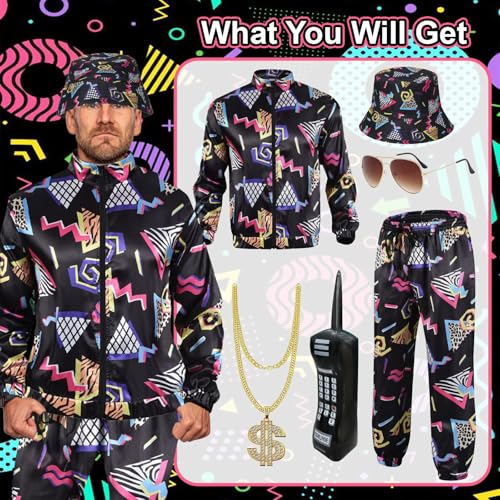 80s 90s Fancy Dress Men with Accessories, Retro 80s 90s Hip Hop Outfit for Adults, 80s Fancy Dress Set with 1 Sportswear Shirt Pant Hat Necklace Balloon Glasses, for 80s Party Carnival Rave (L) - Image 4