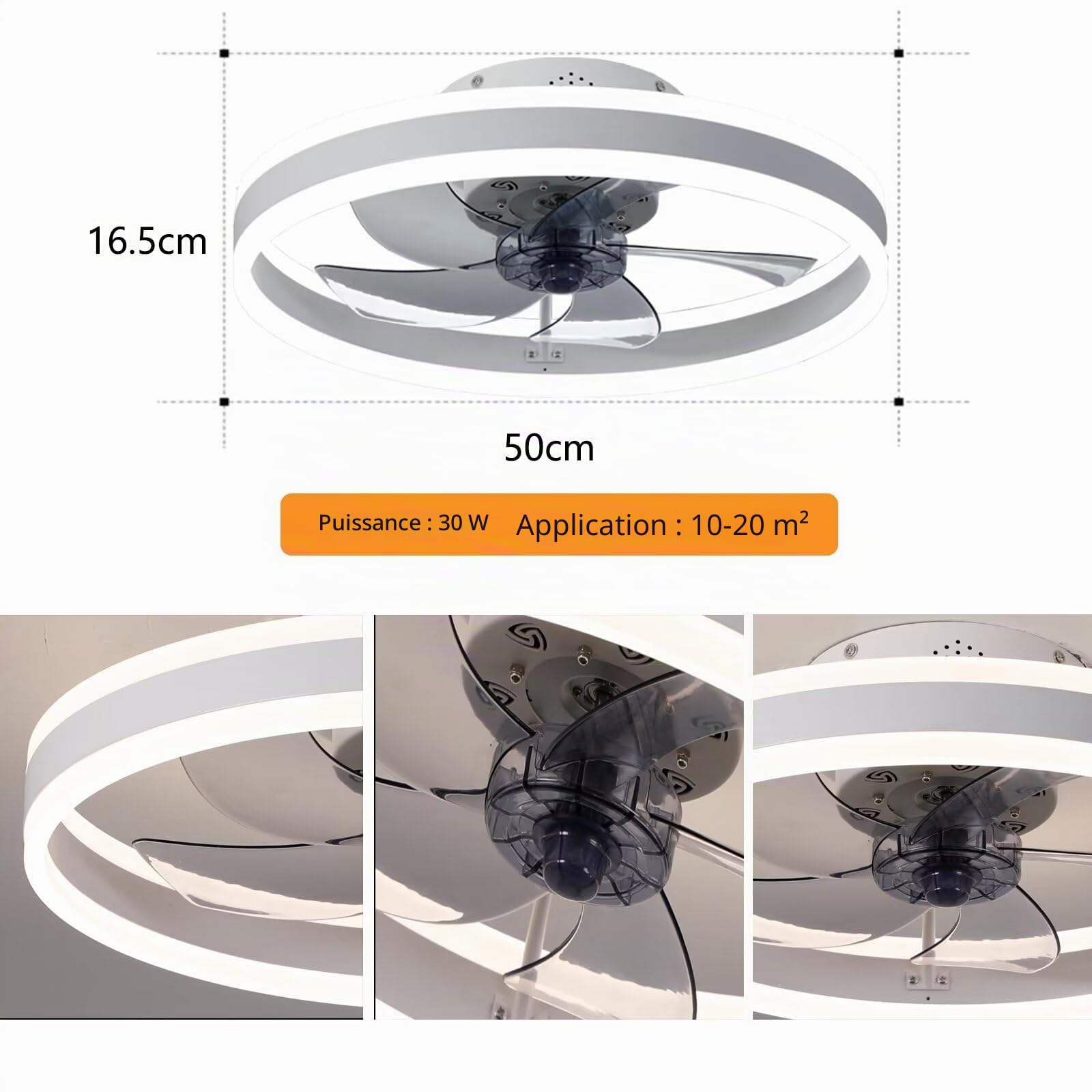 AHWEKR Ventilateur de Plafond avec éclairage, Silencieux, Moderne à LED avec télécommande, minuteur, plafonnier, éclairage de Ventilateur pour Salon (Couleur : Blanc, Taille : 50 cm)