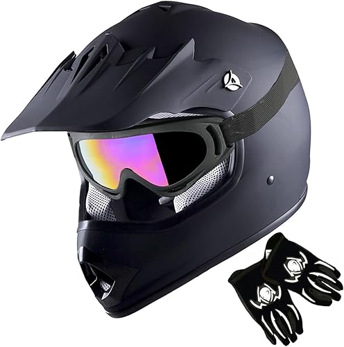 1Storm Casco de Motocross Juvenil para Niños Casco de Motocicleta y Bicicleta Negro Mate + Gafas + Paquete de Guante Negro MG Juvenil