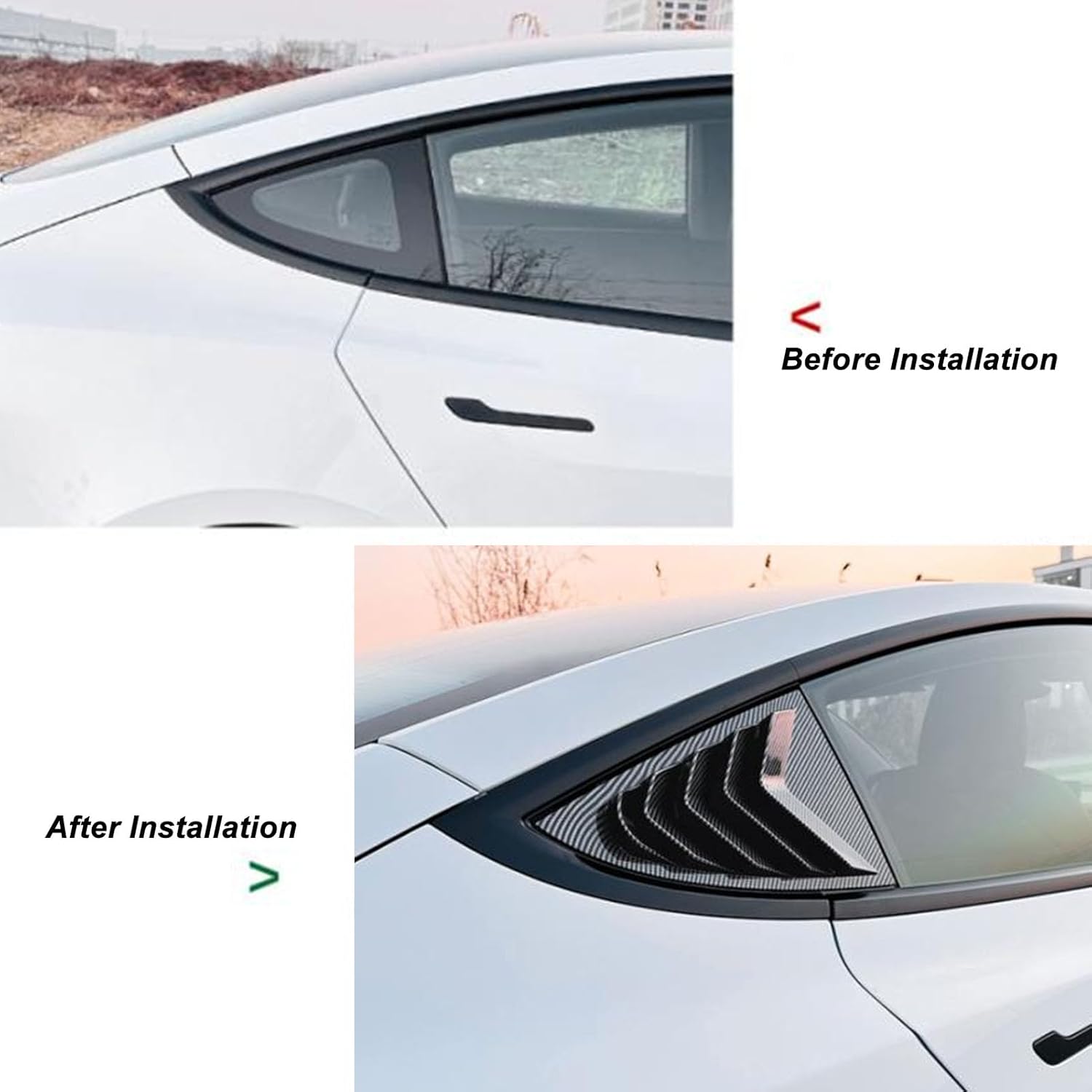 2Pcs Rear Side Window Louvers: for Tesla Model Three 2023+, Stylish Scoop Design Window Louver Side Vent Trim Replacement (Carbon Fiber Style)
