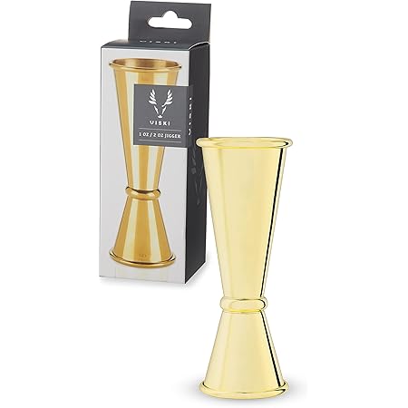 Viski Japanese Style Double Jigger for Cocktails, Bar Kit Essential, 1oz and 2oz with Interior Measurements, Gold