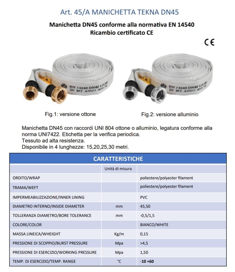 MANICHETTA UNI 45 MT 20 (EN 14540) RACCORDO ALLUMINIO (UNI 804)
