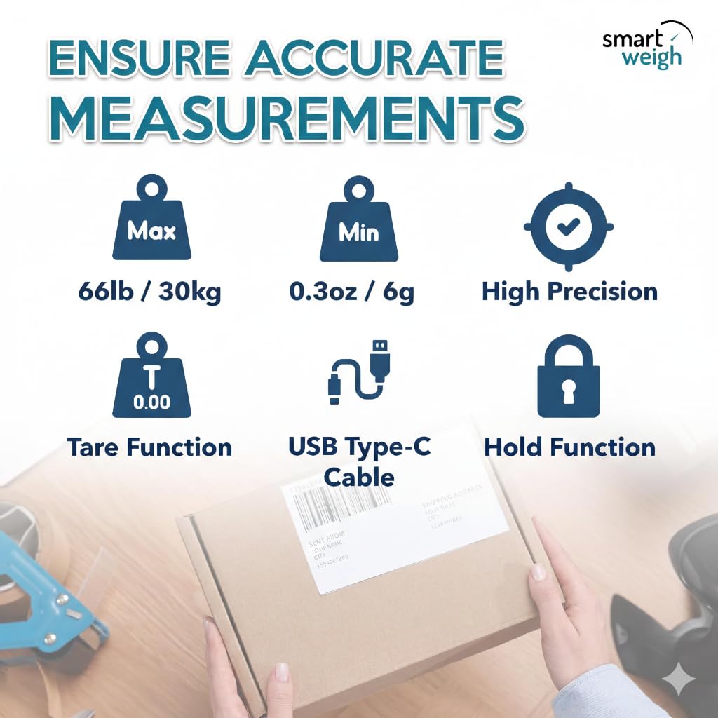 Smart Weigh Digital Postal Shipping Scale, 66 lb Capacity, 0.3 oz Readability, Hold & Tare Function, High-Accuracy Scale, Includes Batteries & USB-C image 4