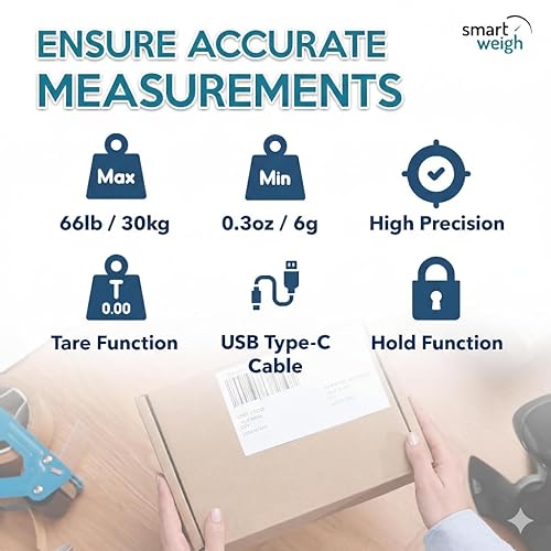Miniatura 4 de Smart Weigh Báscula digital de envío postal, capacidad de 66 libras, legibilidad de 0.3 onzas, función de retención y tara, escala de alta