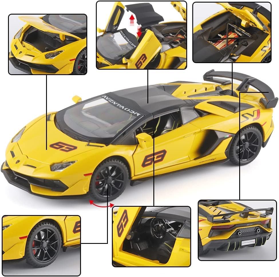 Image of 1:24 Lamborghini Avantadoor SVJ 63 Diecast Metal Pull Back Car with 4 Openable Doors with Sound and Light Toy Decoration car Best Gift Toys for Kids 【Colors as Per Stock】