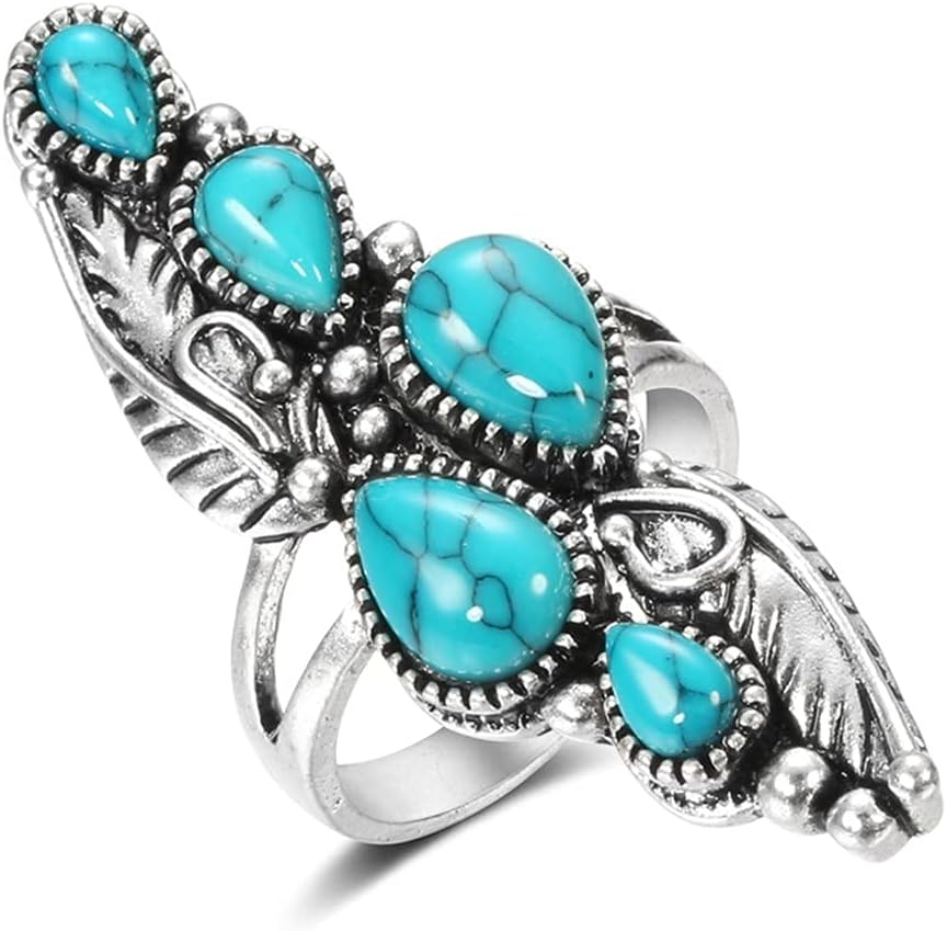 Vintage Blue Synthetic-Turquoise Ring Teardrop-shaped Stone Ring Tibet Silver Plated Fashion (US 7-10)