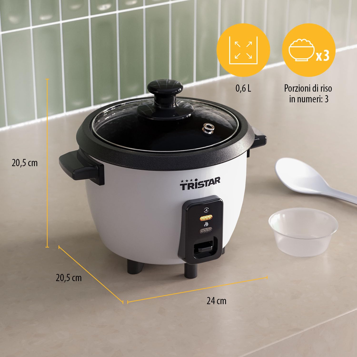 Tristar Cuociriso 0,6 L, Pentola Interna Antiaderente, Mantenimento in Caldo e Spegnimento Automatico, Design Compatto, Con Misurino e Cucchiaio, 300 W, RK-6142