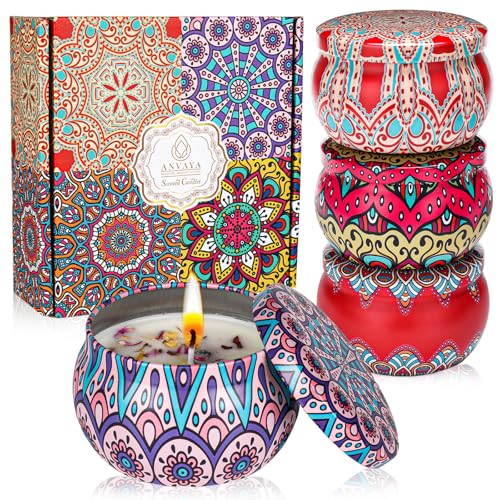 Anvaya Living Scented Candle Gift Set Features 4 Luxurious fragrances – Sandalwood, Rose, Lavender, and Oud. The Perfect Candle Gift for Christmas, Birthdays, Weddings, housewarmings and spa.