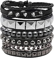 Eigso 4PCS Punk Leather Studded Rock Bracelets for Men Women - Retro Spiked Metal Cuff Set, Adjustable Gothic Wristbands