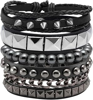 Eigso 4PCS Punk Leather Studded Rock Bracelets for Men Women - Retro Spiked Metal Cuff Set, Adjustable Gothic Wristbands