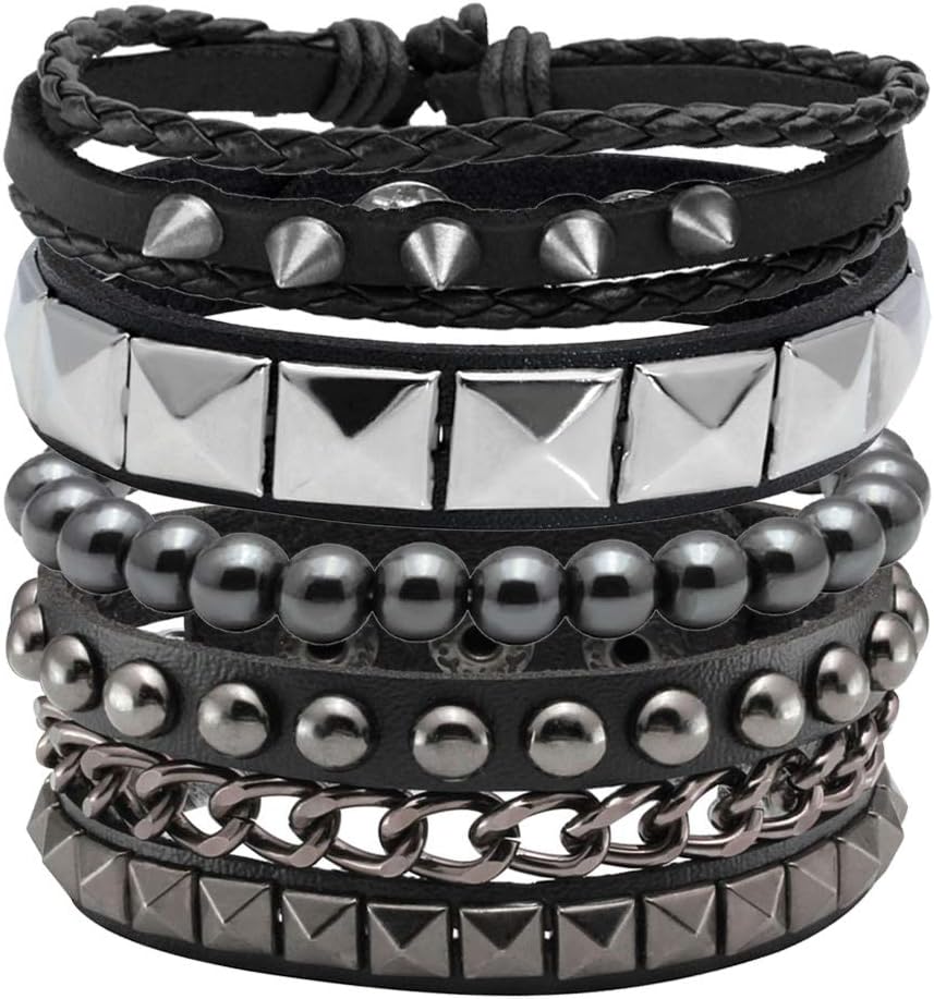 4 Pcs Punk Leather Rock Studded Bracelets for Men Women Retro Classic Spiked Metal Cuff Bracelet Set for Man Woman