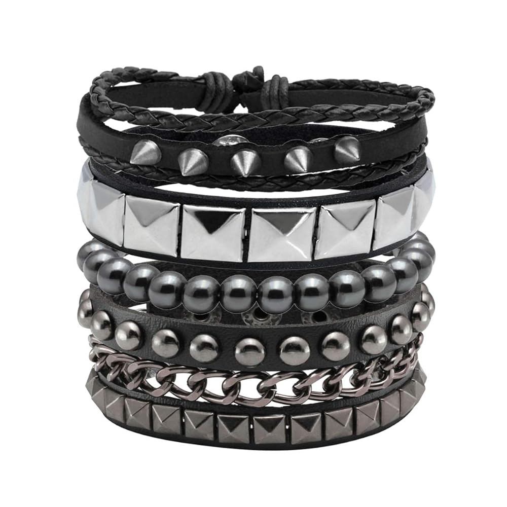 Amazon.com: Eigso 4 Pcs Punk Leather Bracelet Hematite Black