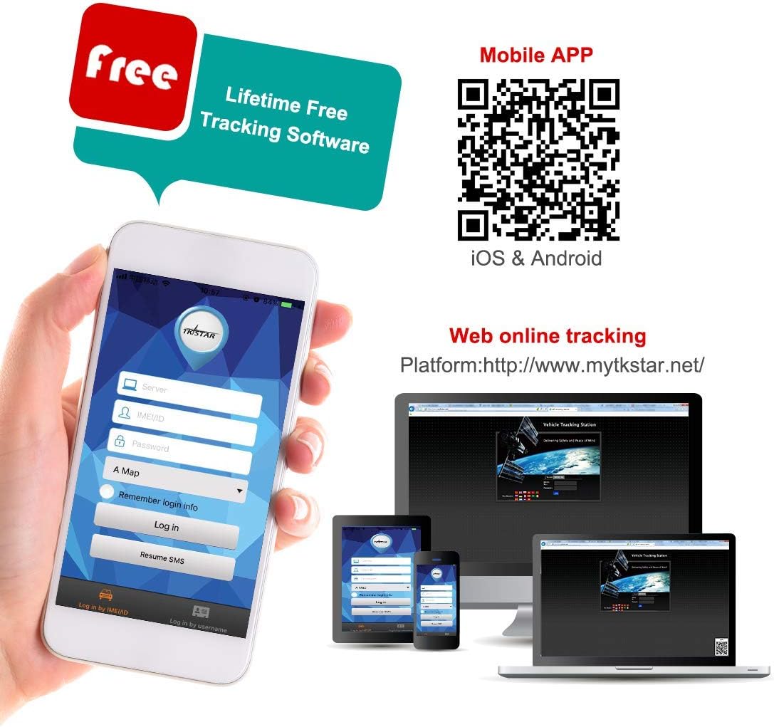 Smartphone and computer screens displaying the TKSTAR GPS tracking application and web platform, with a QR code for mobile app download.