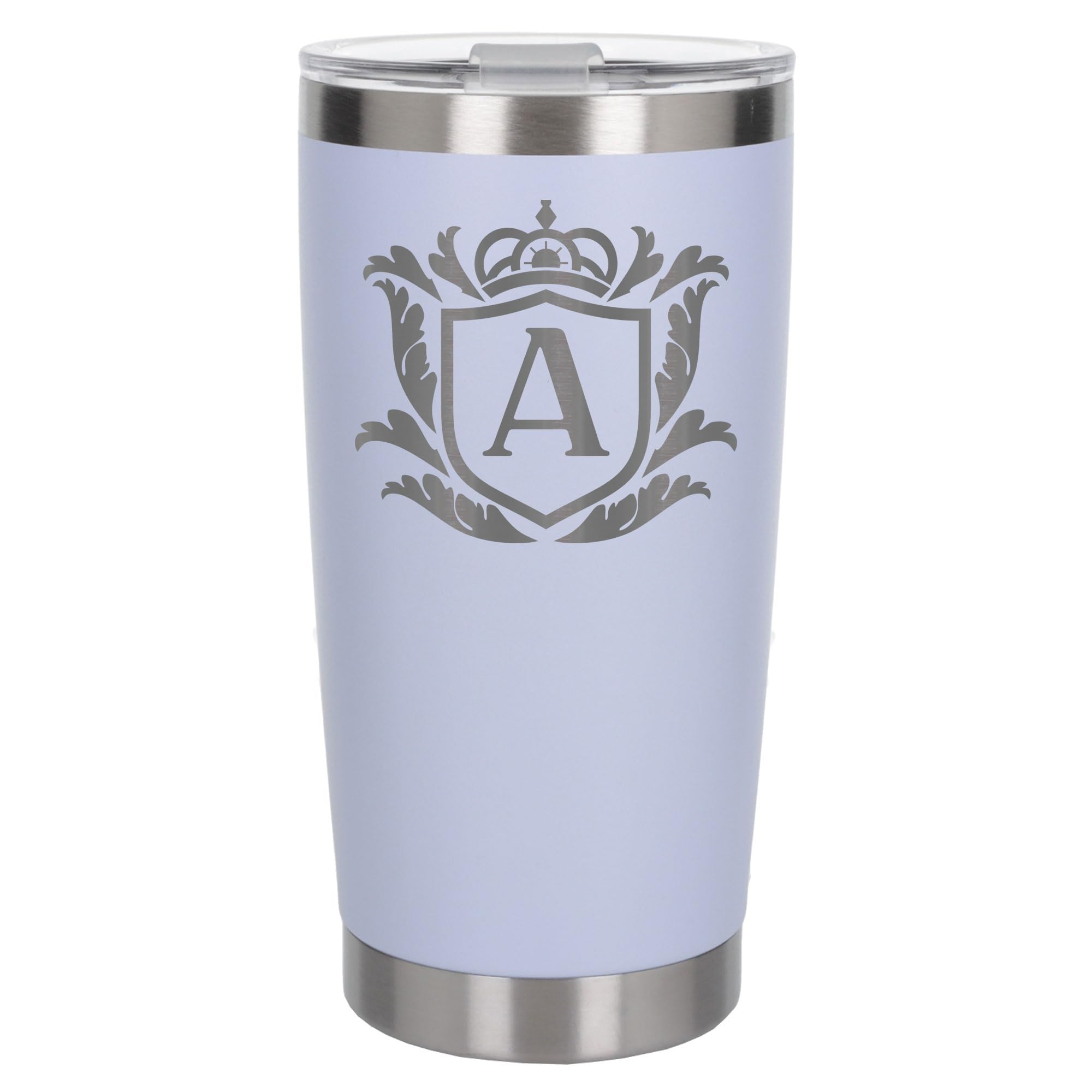 Customised Gifts 500ml Engraved Shield Initial Monogram Insulated Personalised White Travel Mug for Men and Women - Personalised Initial Coffee Travel Mug for Hot and Cold Beverages, Letter A