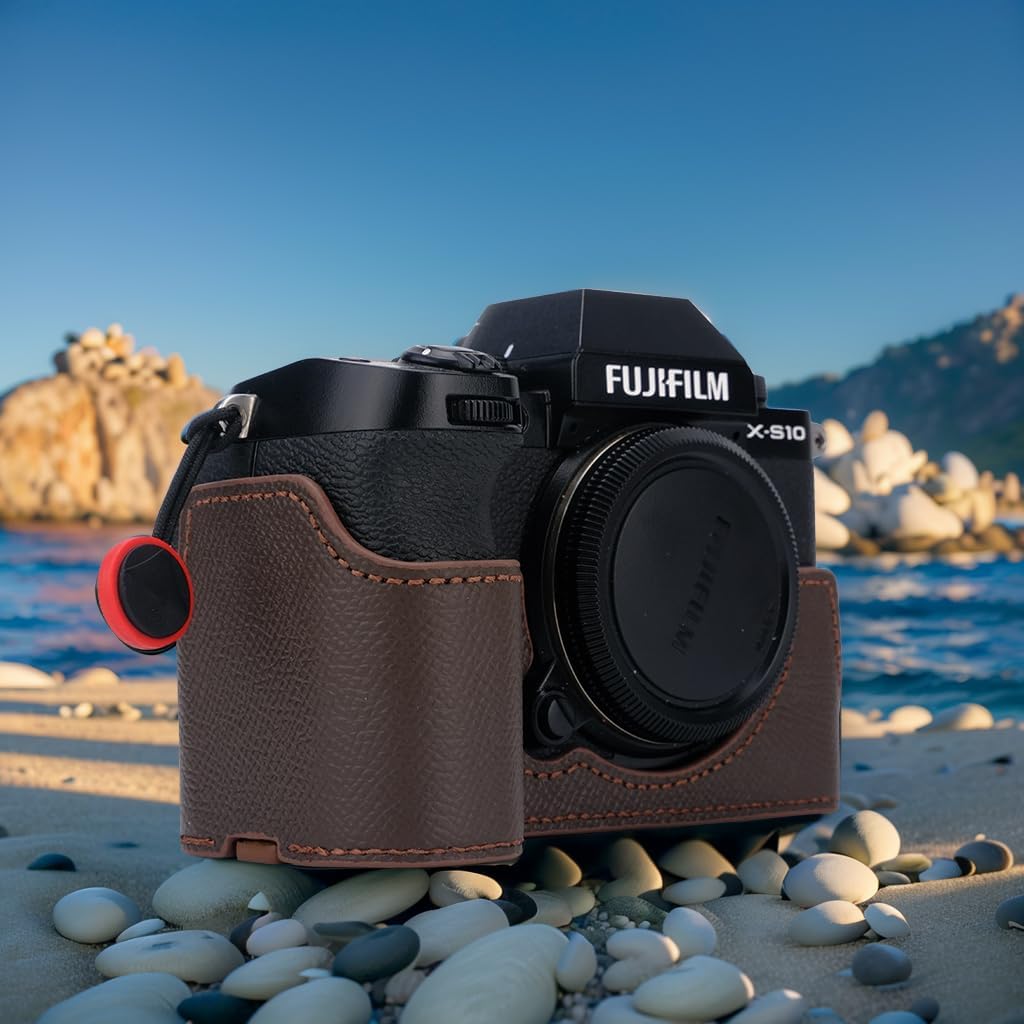 Bowan X-S10 Camera Case, Handmade Genuine Real Leather Half Camera Case Bag Cover for Fujifilm Fuji X-S10 XS10 Camera Bottom Opening Version + Hand Strap (Coffee)
