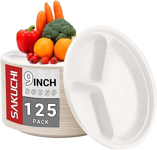 Paquete de 125 platos de papel con compartimentos de 9 pulgadas, 100% compostables, desechables, con divisores para fiestas y cenas, hechos de