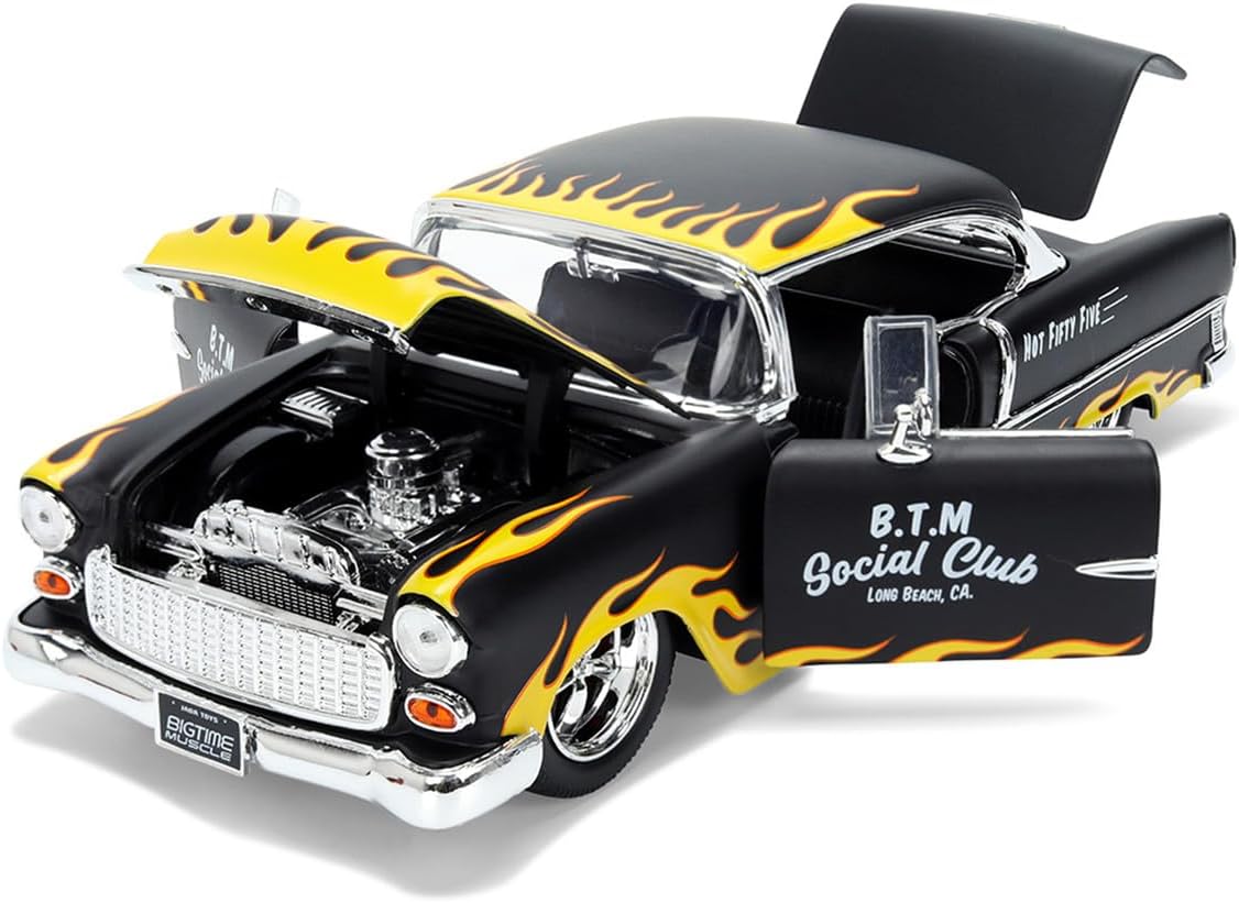 Diecast Model Car Compatible for 1955 Chevy Bel Air Matte Black with Flames, B.T.M Social Club, Jada 1:24 Scale 36606