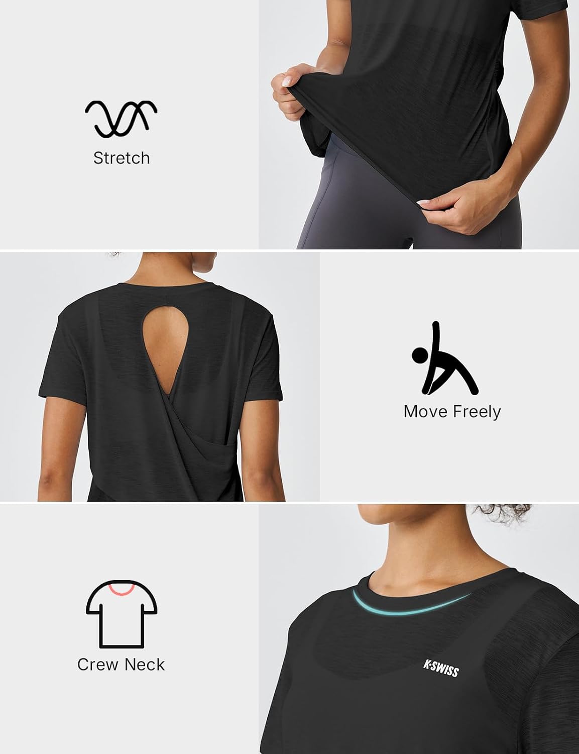 K-Swiss Women's Open Back Workout Tops - Sheer Lightweight Yoga Athletic Gym Cover Up Loose Fit Shirt