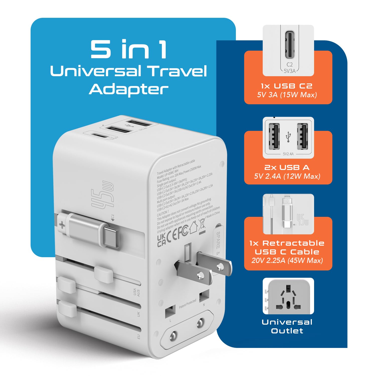 Ceptics Adaptador de Viaje Internacional 5 en 1 con Cable USB-C retráctil PD 45W 65cm, 2X USB-A 2.4A, 1x USB-C 3A, Adaptador de Viaje en Todo el Mundo para portátiles, teléfonos y cámaras para EE.