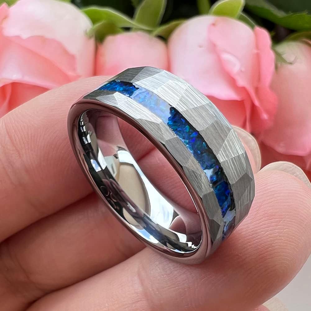 8mm Hammered Tungsten Rings for Men Women Engagement Wedding Bands Geunine Blue Opal Inlay Matte Finish Comfort Fit - Image 2